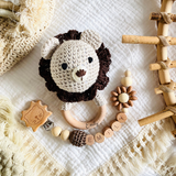 Baby rattle + pacifier chain with names lion, fox, deer, bear