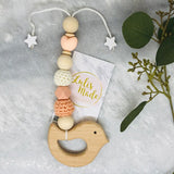 4er Set Kinderwagenkette, Schnullerkette, Beißring und Maxi Cosi Anhänger Holz “Vogel”