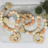 4er Set Kinderwagenkette, Schnullerkette, Beißring und Maxi Cosi Anhänger Holz “Vogel”