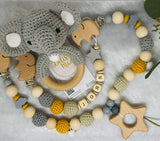 3tl. Set oder einzeln "Stern" Kinderwagenkette, Schnullerkette und Rassel