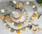3tl. Set oder einzeln "Stern" Kinderwagenkette, Schnullerkette und Rassel