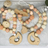 4er Set Kinderwagenkette, Schnullerkette, Beißring und Maxi Cosi Anhänger Holz “Vogel”