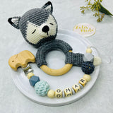 Rassel + Schnullerkette mit Namen, Fuchs Grau