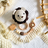 Baby rattle + pacifier chain with names lion, fox, deer, bear