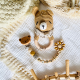 Baby rattle + pacifier chain with names lion, fox, deer, bear