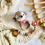 Baby rattle + pacifier chain with names lion, fox, deer, bear