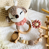 Baby rattle + pacifier chain with names lion, fox, deer, bear