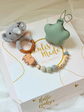 Schnullerkette, Elefant Rassel, Schnullerbox, einzeln und im Set, CE Konform handgefertigt und personalisiert