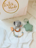 Schnullerkette, Elefant Rassel, Schnullerbox, einzeln und im Set, CE Konform handgefertigt und personalisiert