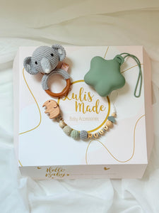 Schnullerkette, Elefant Rassel, Schnullerbox, einzeln und im Set, CE Konform handgefertigt und personalisiert