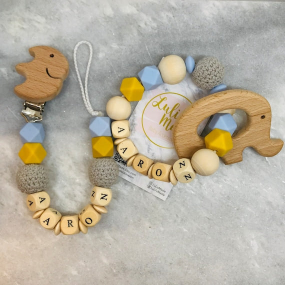 Dummy chain with name and teething ring set in mustard-turquoise