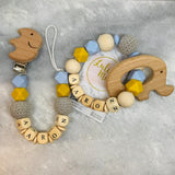 Dummy chain with name and teething ring set in mustard-turquoise