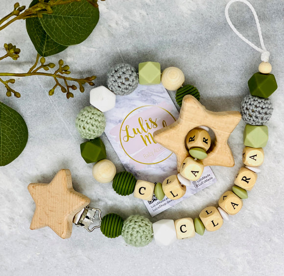 Schnullerkette mit Namen und Beißring Set