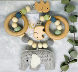 Kinderwagenkette "Elefant" gehäkelt grün-grau