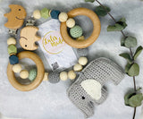 Kinderwagenkette "Elefant" gehäkelt grün-grau