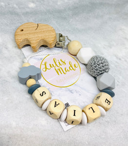 2er Set Kinderwagenkette Holz “Elefant” und Schnullerkette
