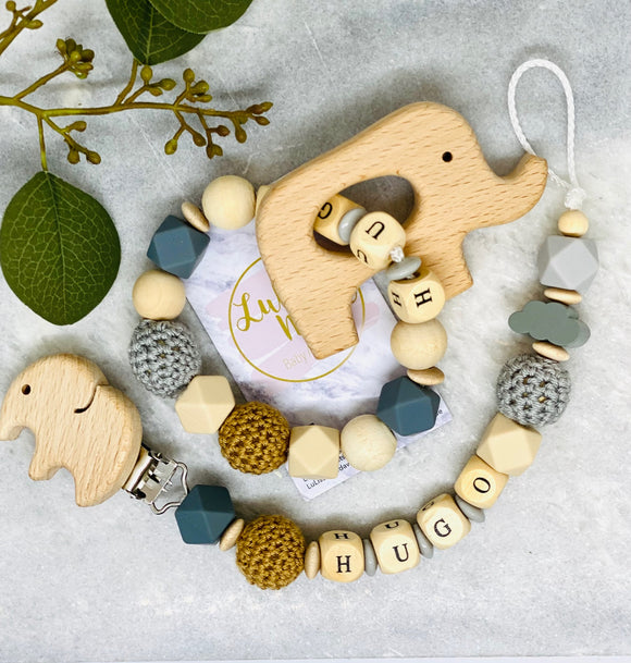 Schnullerkette mit Namen und Greifling Set Baby Geschenk Taufe