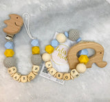 Dummy chain with name and teething ring set in mustard-turquoise