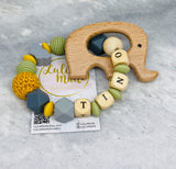 2er Set “Elefant” aus Schnullerkette und Beißring grün-senf