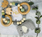 Kinderwagenkette "Elefant" gehäkelt grün-grau