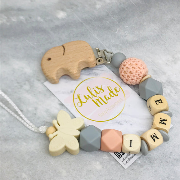 Schnullerkette personalisiert Elefant pink-grau