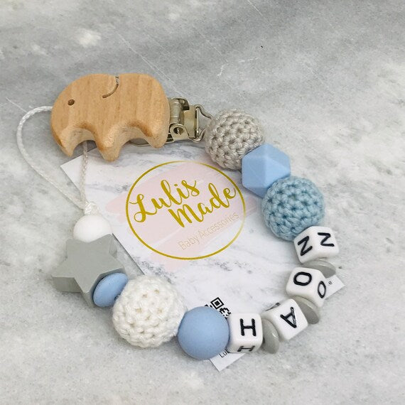 Pacifier chain personalized elephant turquoise-grey