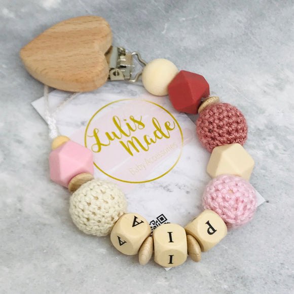 Schnullerkette personalisiert Herz rot-pink