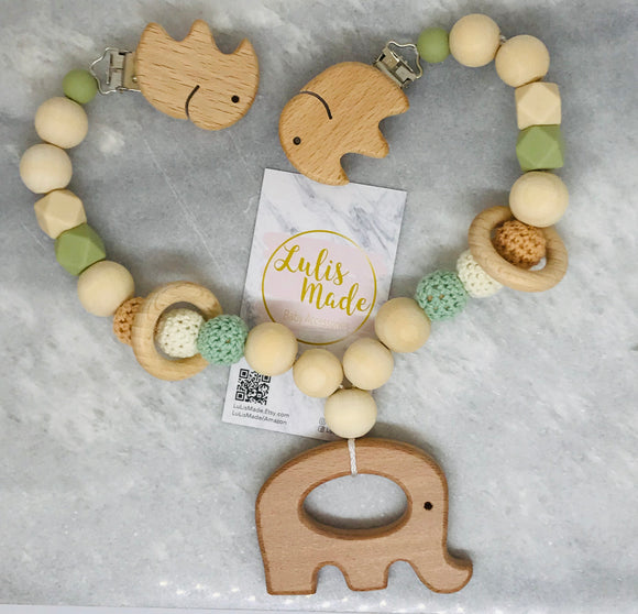 Kinderwagenkette Holz “Elefant” in grün-creme