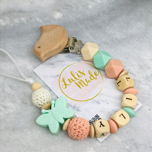 2er Set “Vogel” aus Schnullerkette und Beißring personalisiert