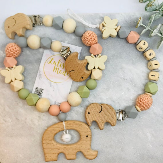 2er Set Kinderwagenkette Holz “Elefant” und Schnullerkette