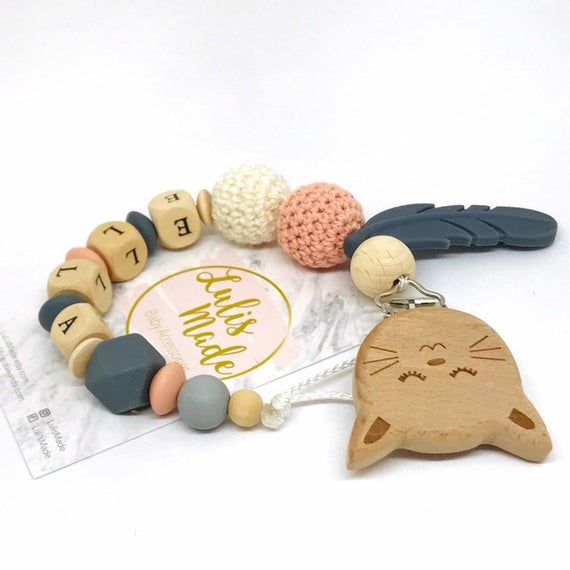 Schnullerkette mit Namen Katze blau