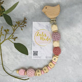 Schnullerkette mit Namen personalisiert Vogel pink