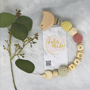 2er Set aus Schnullerkette und Beißring personalisiert gelb-rosa