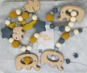 3er Set Kinderwagenkette, Beißring und Maxi Cosi Anhänger Holz “Elefant”