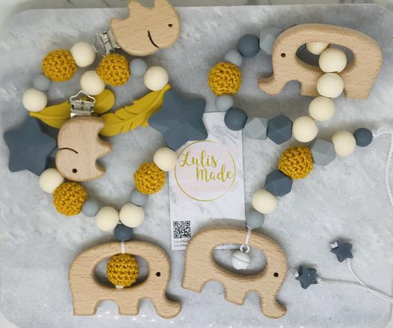 3er Set Kinderwagenkette, Beißring und Maxi Cosi Anhänger Holz “Elefant”