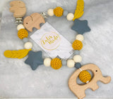 3er Set Kinderwagenkette, Beißring und Maxi Cosi Anhänger Holz “Elefant”