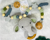Kinderwagenkette "Elefant" gehäkelt grün-grau