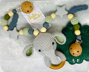 Kinderwagenkette "Elefant" gehäkelt grün-grau