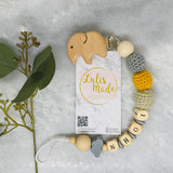 Grasping toy rattle crochet elephant + pacifier chain with name, baby gift