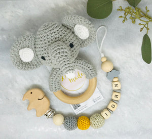 Grasping toy rattle crochet elephant + pacifier chain with name, baby gift