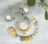 Grasping toy rattle crochet elephant + pacifier chain with name, baby gift