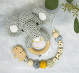 Grasping toy rattle crochet elephant + pacifier chain with name, baby gift