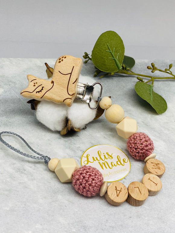 Schnullerkette mit Namen, Reh Holzclip