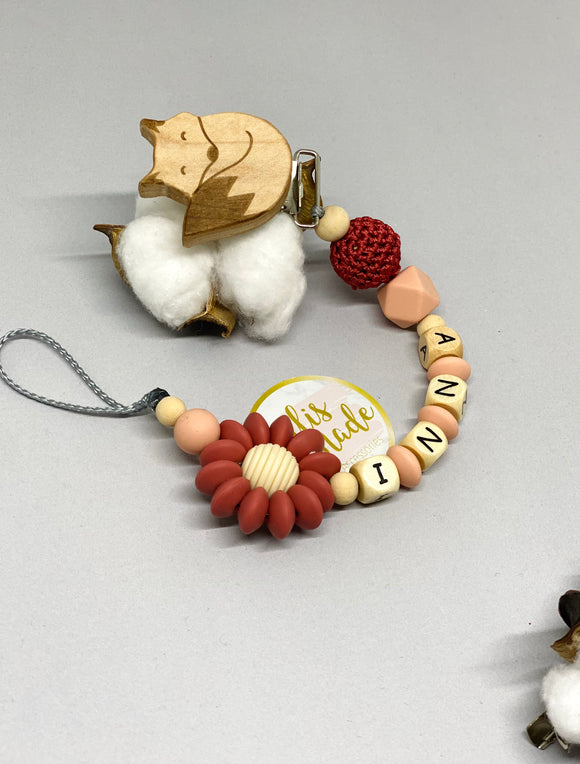 Schnullerkette mit Namen Fuchs Holzclip