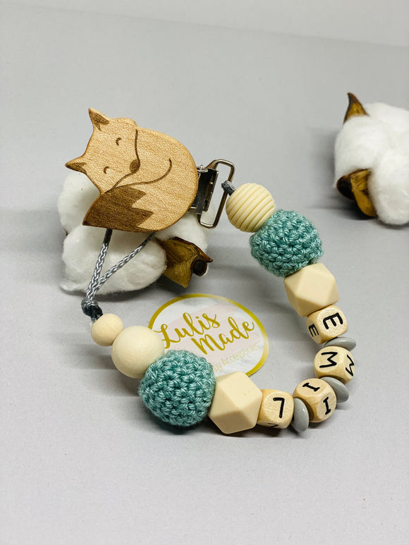 Schnullerkette mit Namen, Fuchs Holzclip