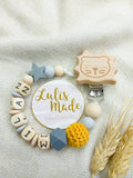 Schnullerkette mit Namen personalisiert Löwe Grau