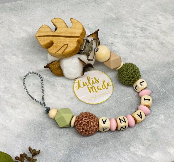 Schnullerkette mit Namen, Blatt Holzclip
