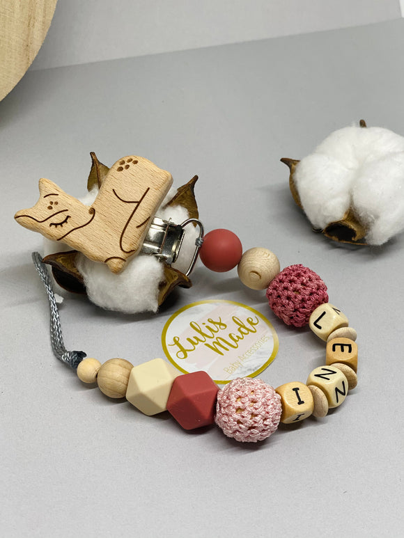 Schnullerkette mit Namen Reh Holzclip