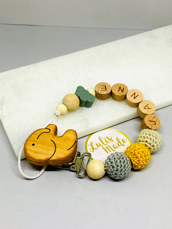 Schnullerkette mit Namen, Elefant Holzclip