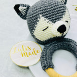 Rassel + Schnullerkette mit Namen, Fuchs Grau